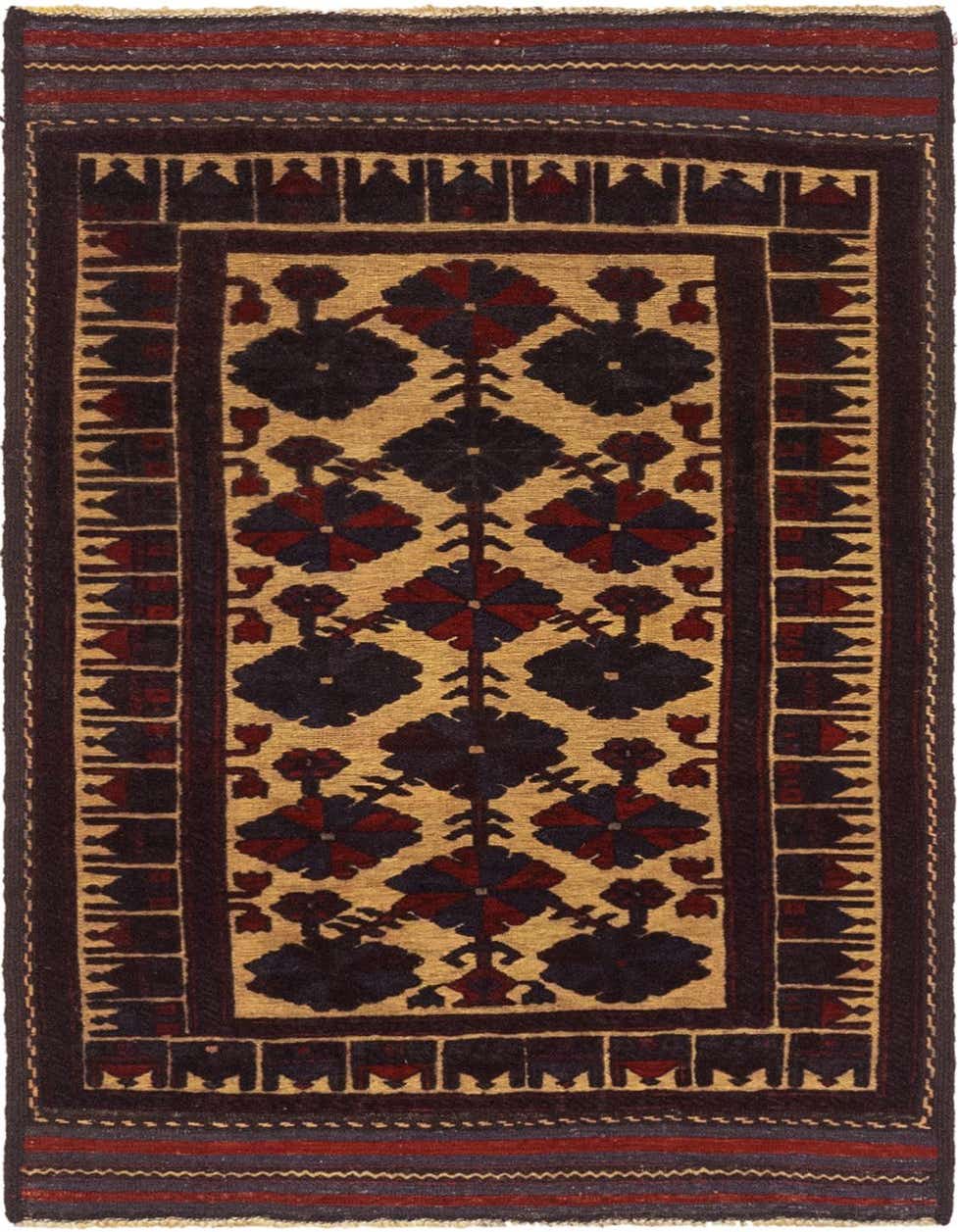 A 3x5 rectangular traditional Sumak wool rug with a yellow-gold field and dark floral motifs, bordered by dark brown and red patterns.
