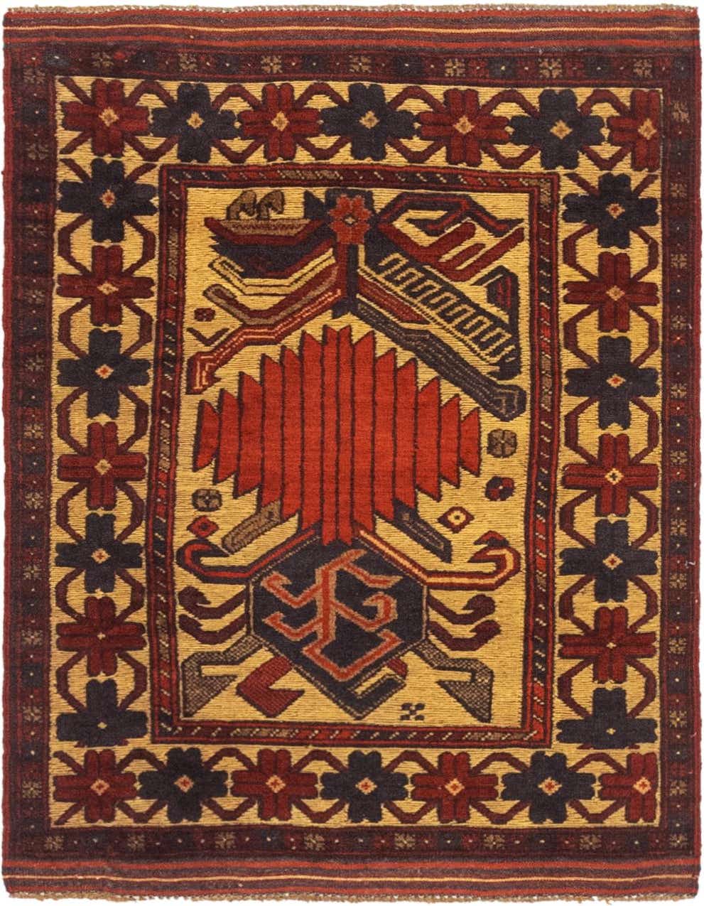 A 3x4 rectangular Sumak rug with a gold background, featuring a large central tribal medallion in red and navy, surrounded by a border of alternating red and navy geometric floral motifs.