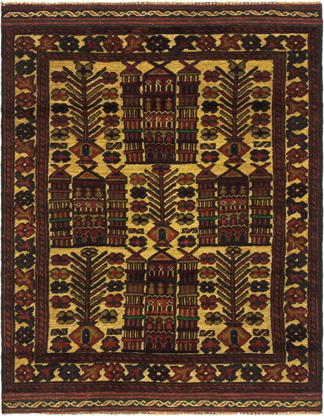 A 3x5 rectangular Sumak rug with a gold background, featuring traditional tribal patterns in red, brown, and black.