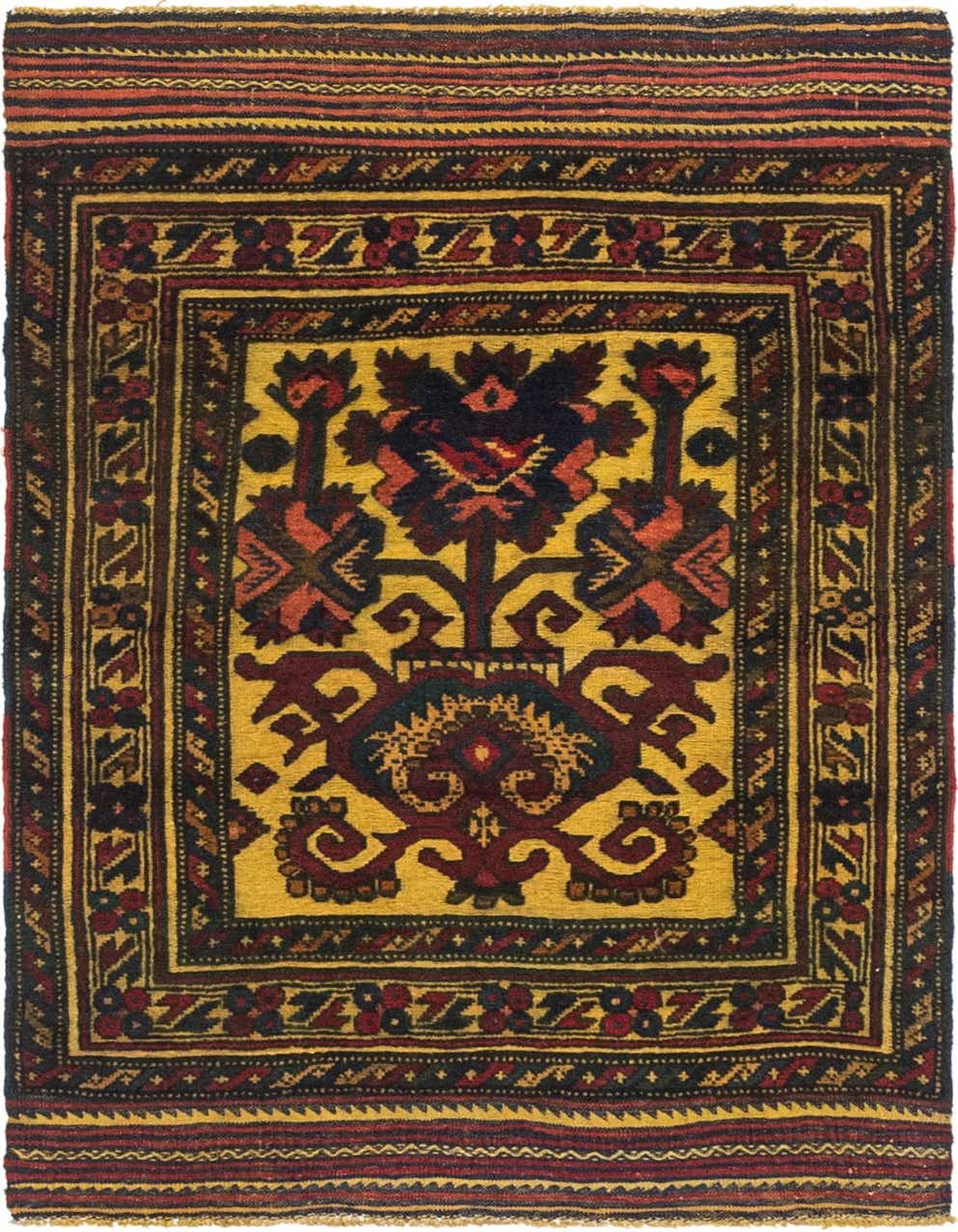 A 3x4 rectangular Sumak rug with a vibrant yellow field and a traditional tribal pattern in red, gold, and dark blue.