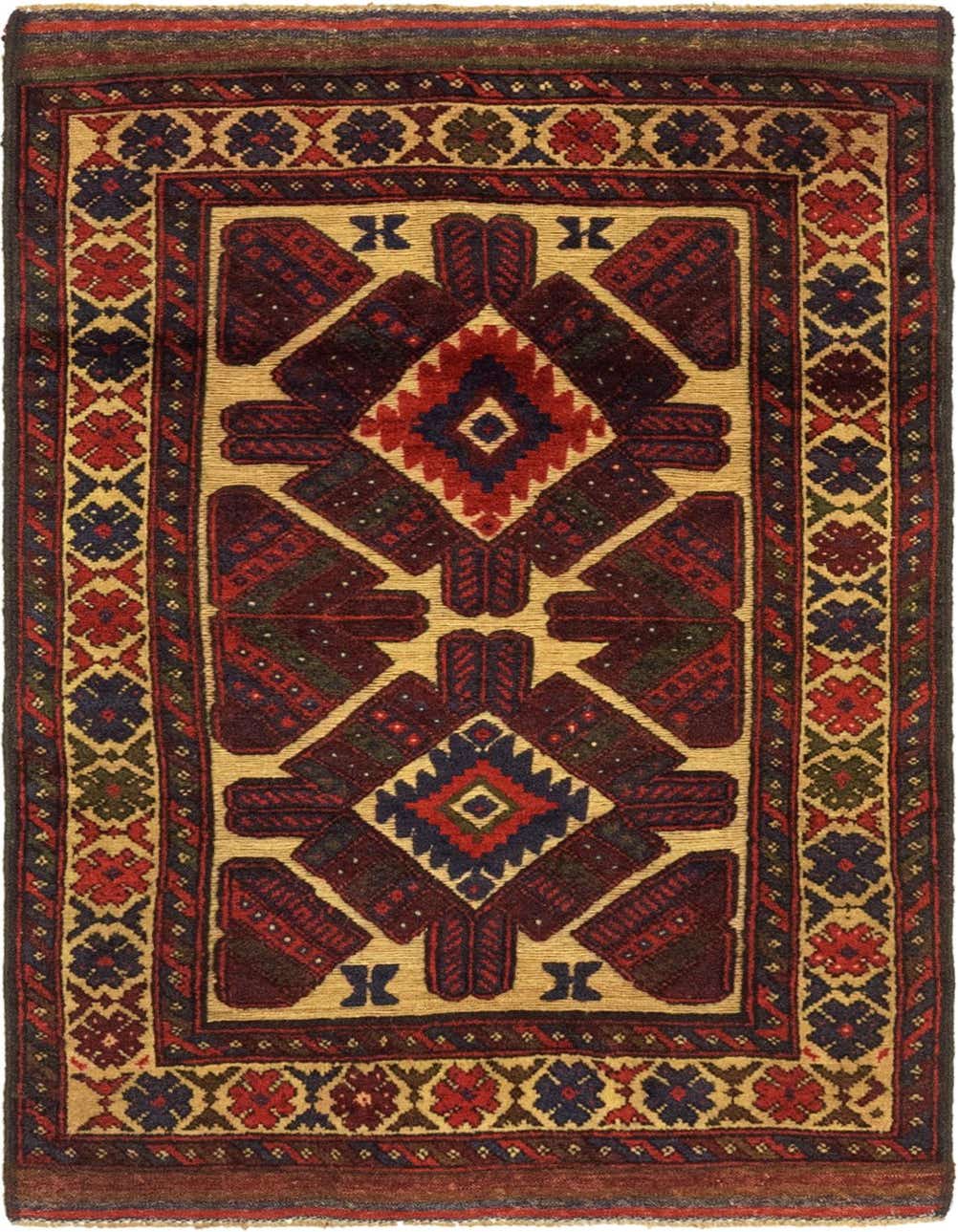 A 3x5 rectangular Sumak rug with a yellow-gold background and traditional tribal patterns in red, blue, and dark brown.