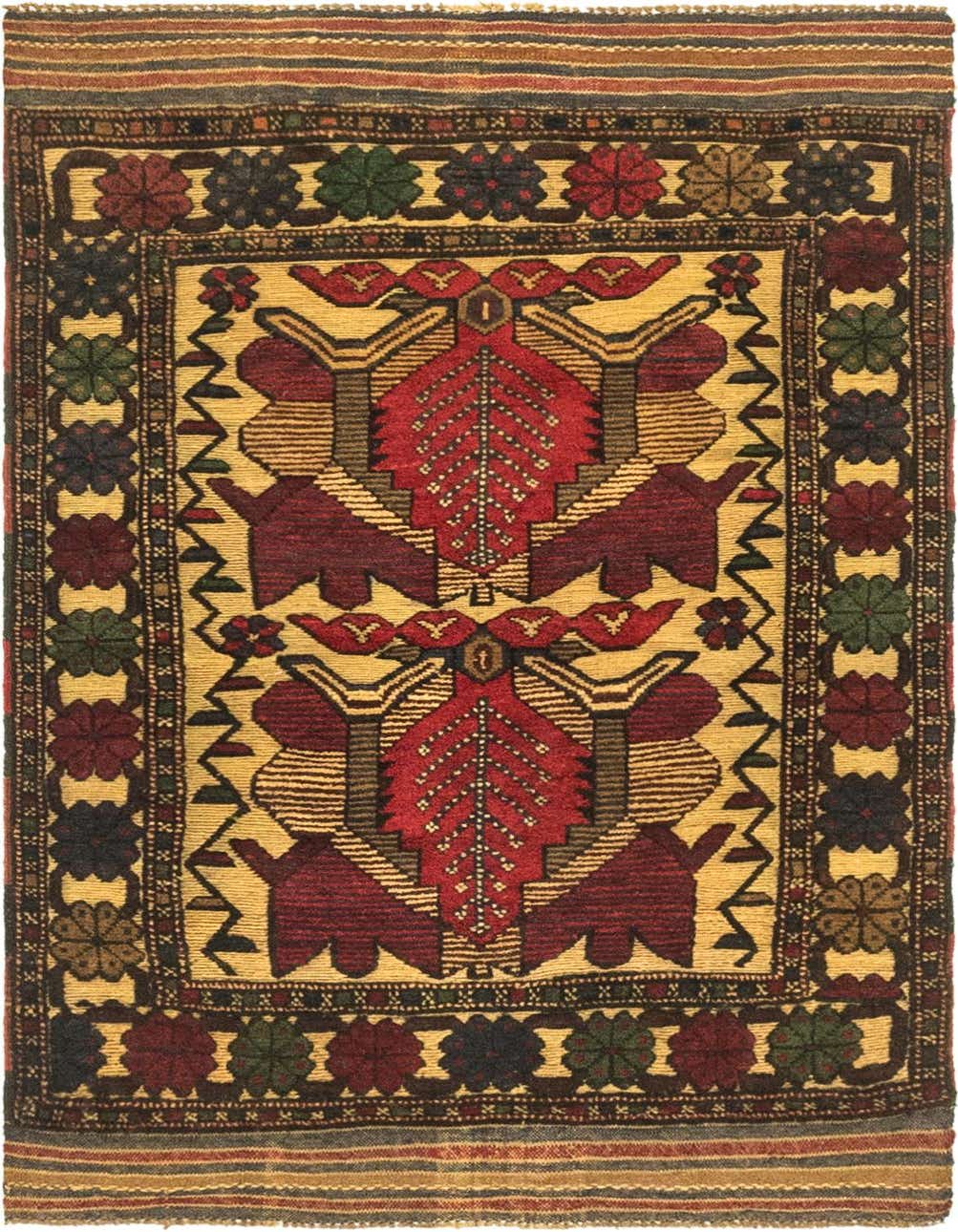 A 3x5 rectangular Sumak rug featuring a bold red medallion and tribal patterns on a gold field, with a decorative border.