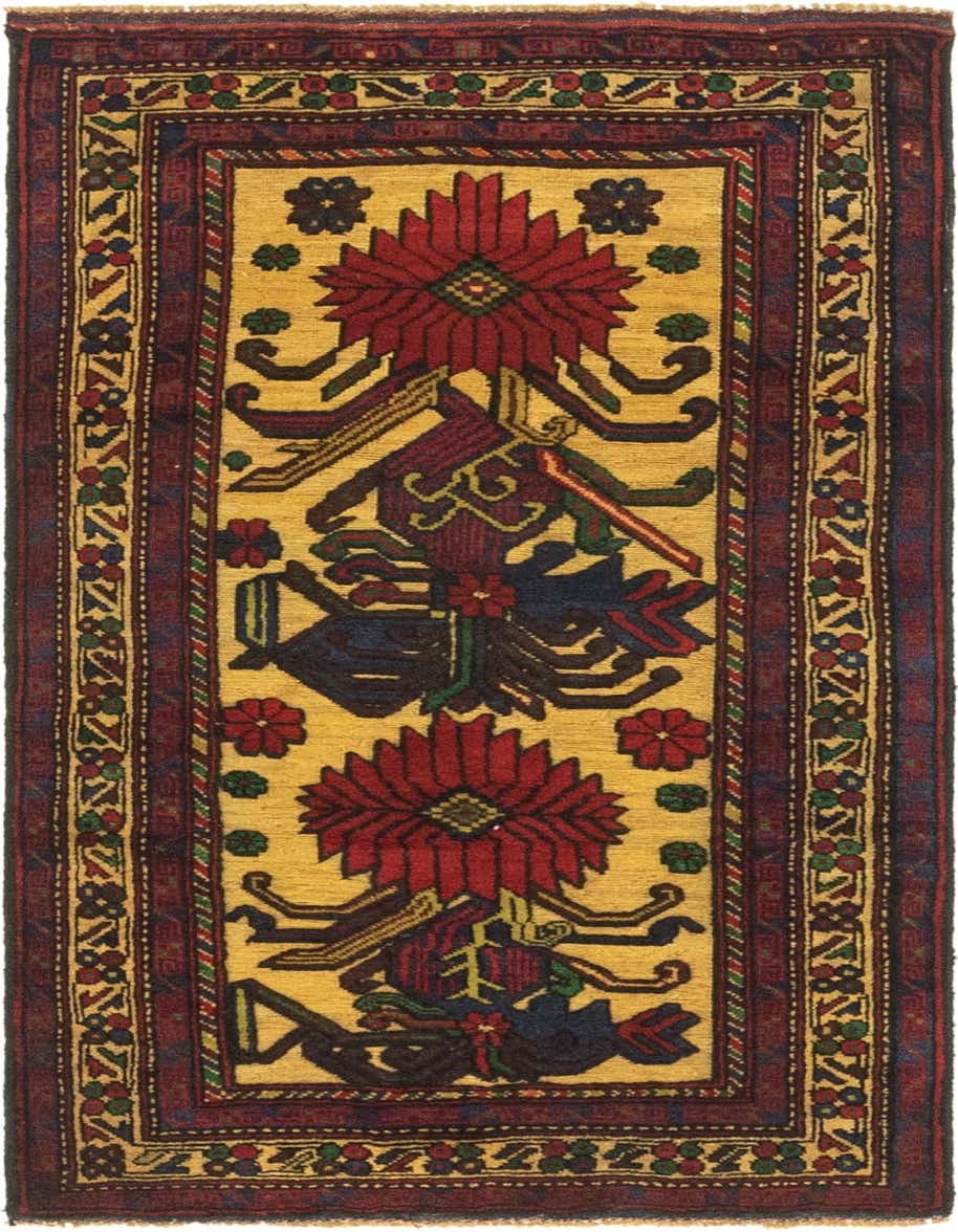 A 3x5 rectangular wool rug featuring a traditional tribal medallion pattern in yellows, golds, and reds with dark borders.