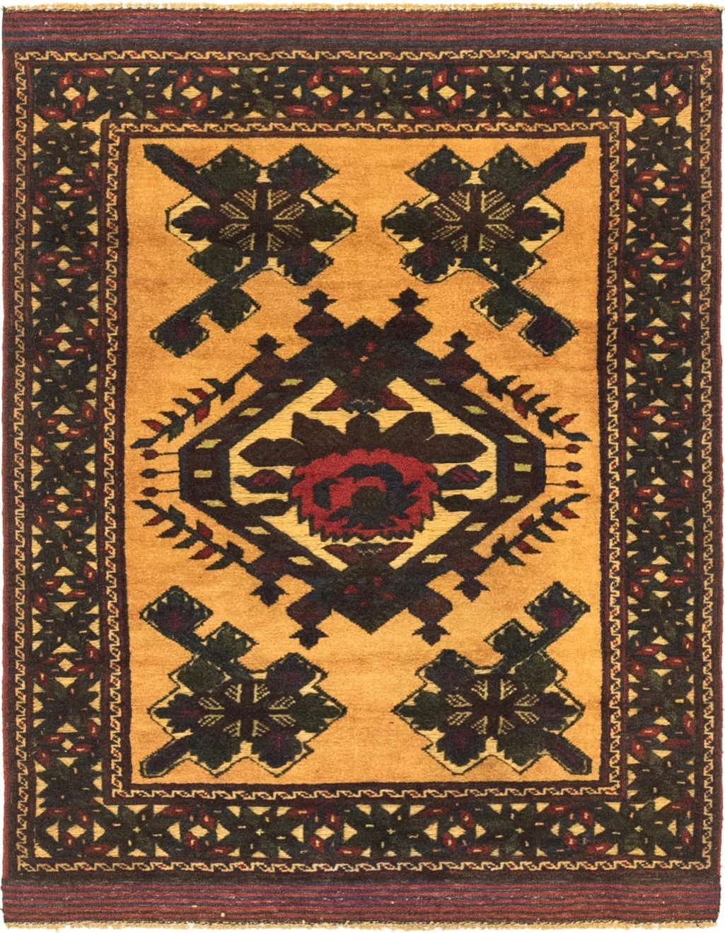 A 3x4 rectangular Sumak rug with a yellow-gold field, featuring a central medallion and tribal motifs in deep red, blue, and black, framed by a dark border.