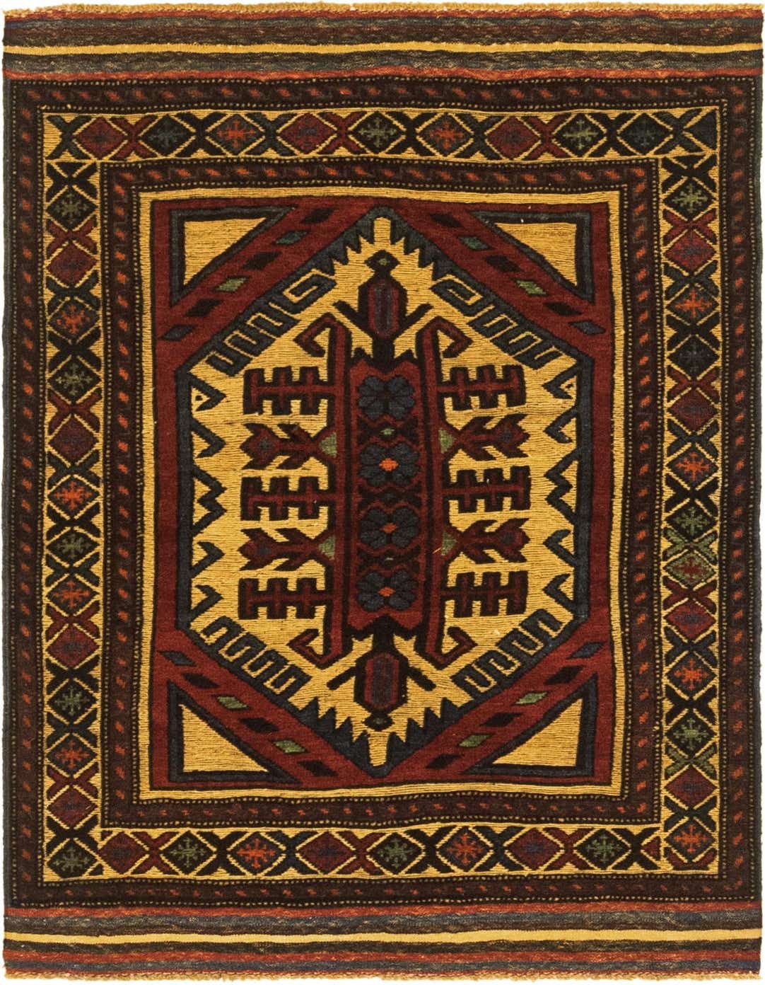 A 3x4 rectangular Sumak rug with a gold central medallion, tribal patterns, and a dark red and brown border.