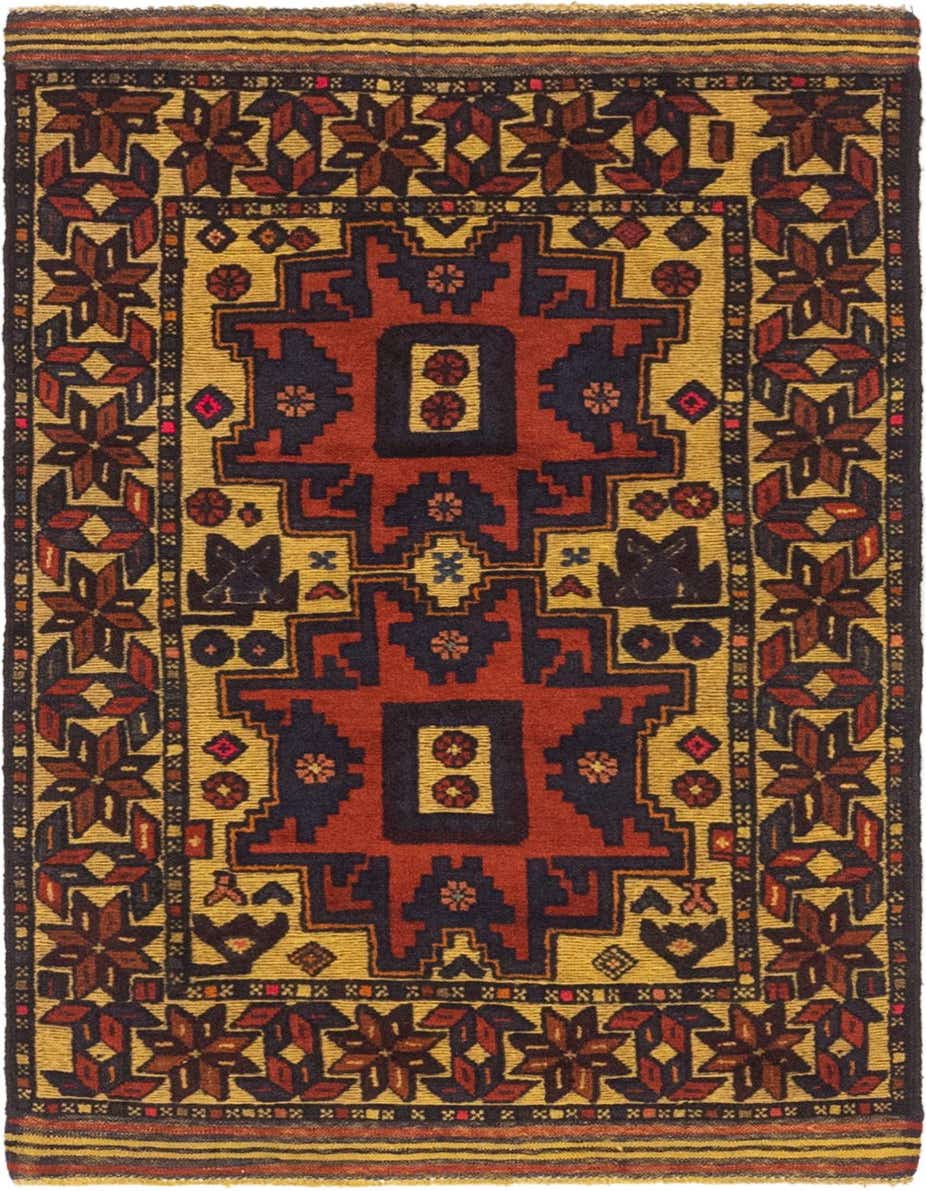 A rectangular 3x4 Sumak wool rug featuring a traditional Southwestern tribal medallion pattern in yellows, golds, deep reds, and navy.