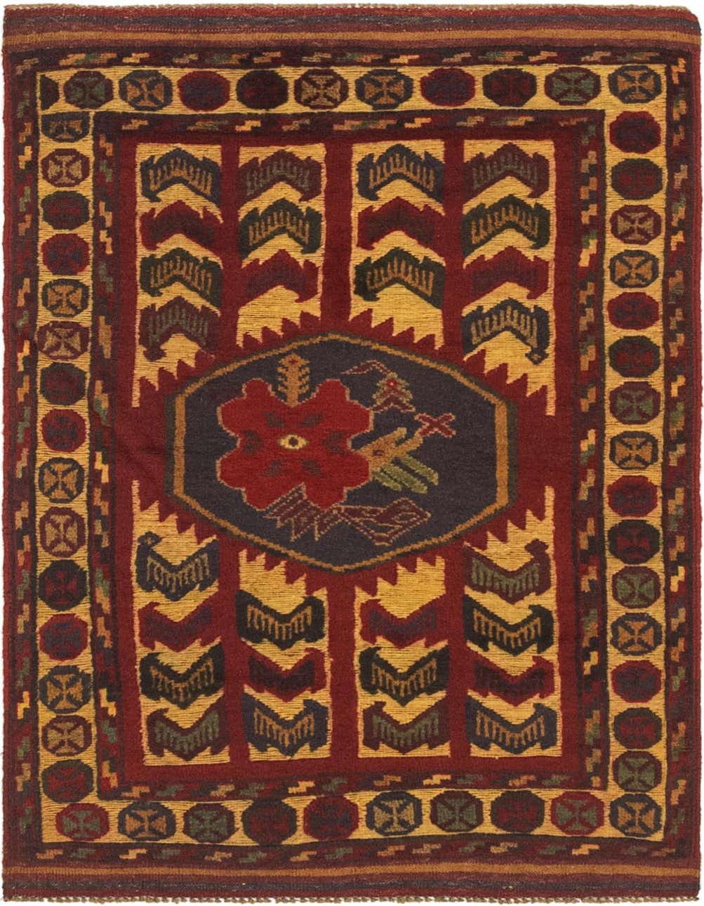 A 3x4 rectangular Sumak rug with a central red floral medallion on a dark blue field, surrounded by yellow and red traditional tribal patterns, perfect for an indoor living space.
