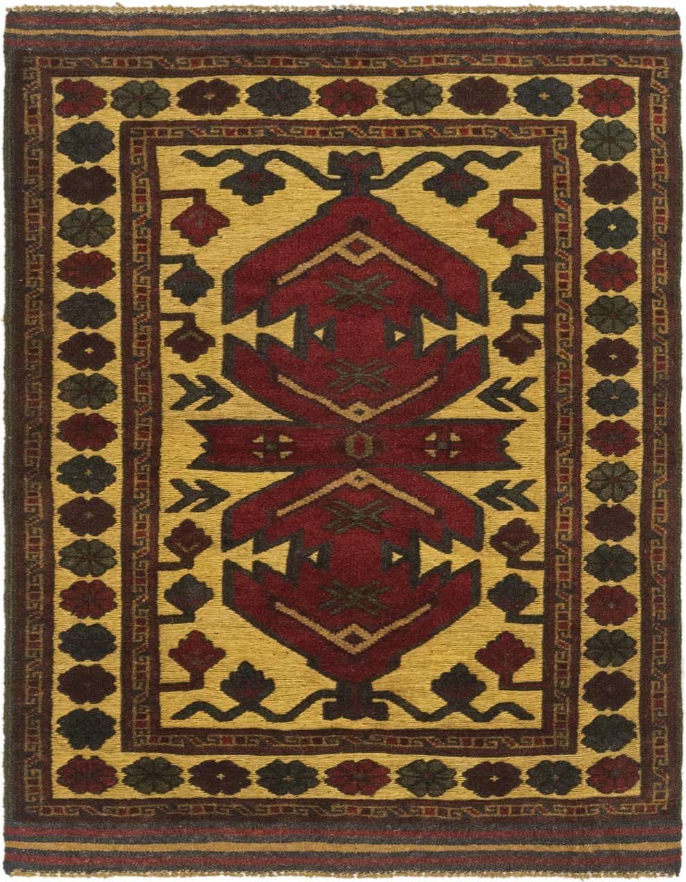 A 3x5 rectangular Sumak wool rug with a yellow background and a large central red medallion, featuring tribal and Southwestern patterns, perfect for an entryway.