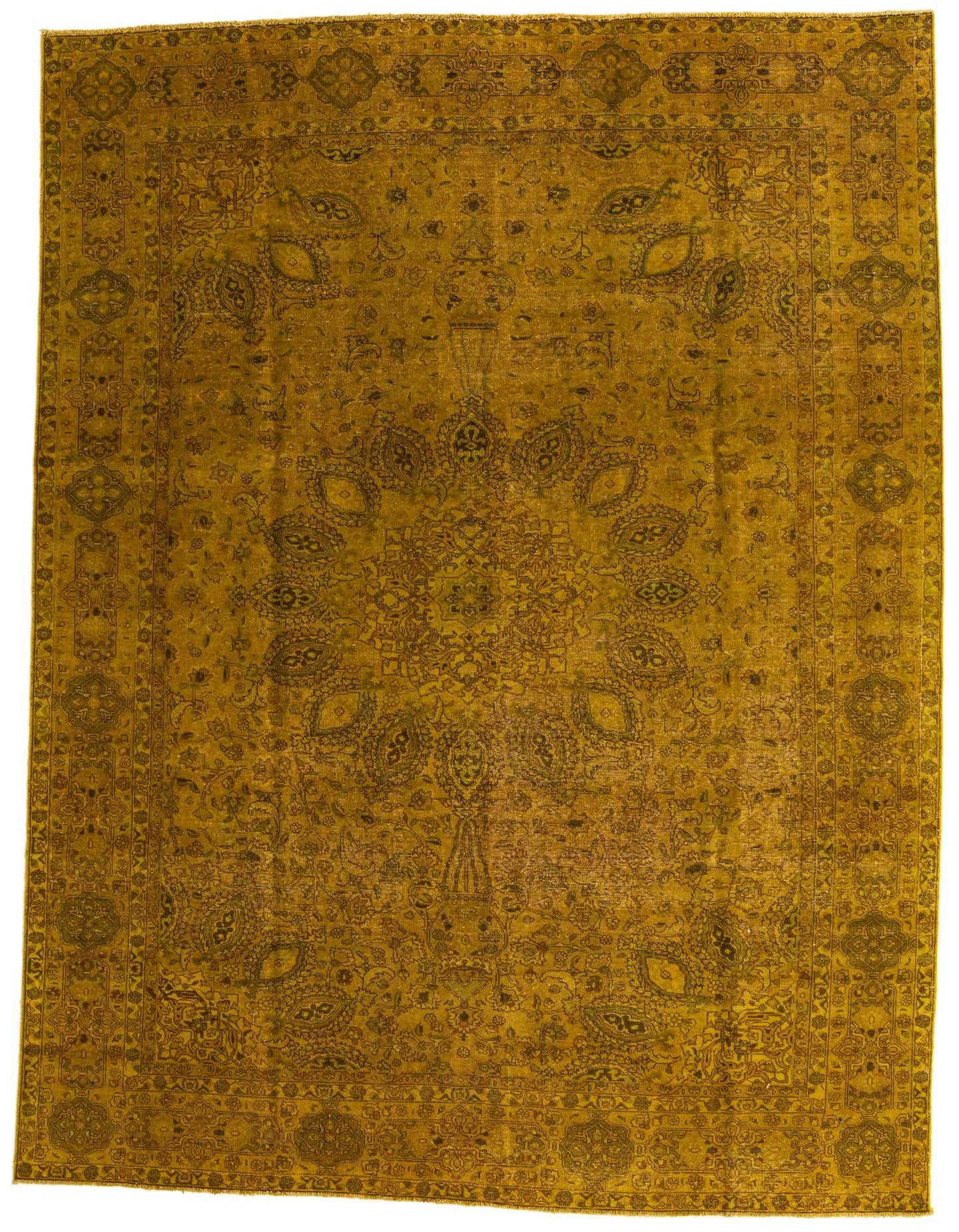 A large 8x12 rectangular yellow and gold Persian-style wool rug with an intricate medallion and floral pattern.