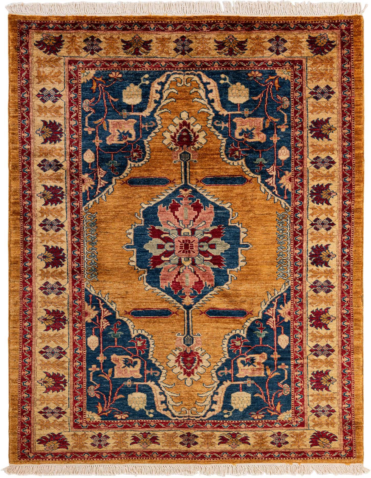 A 5x7 rectangular Ziegler rug featuring a gold field with a central blue and red medallion, bordered by floral patterns.