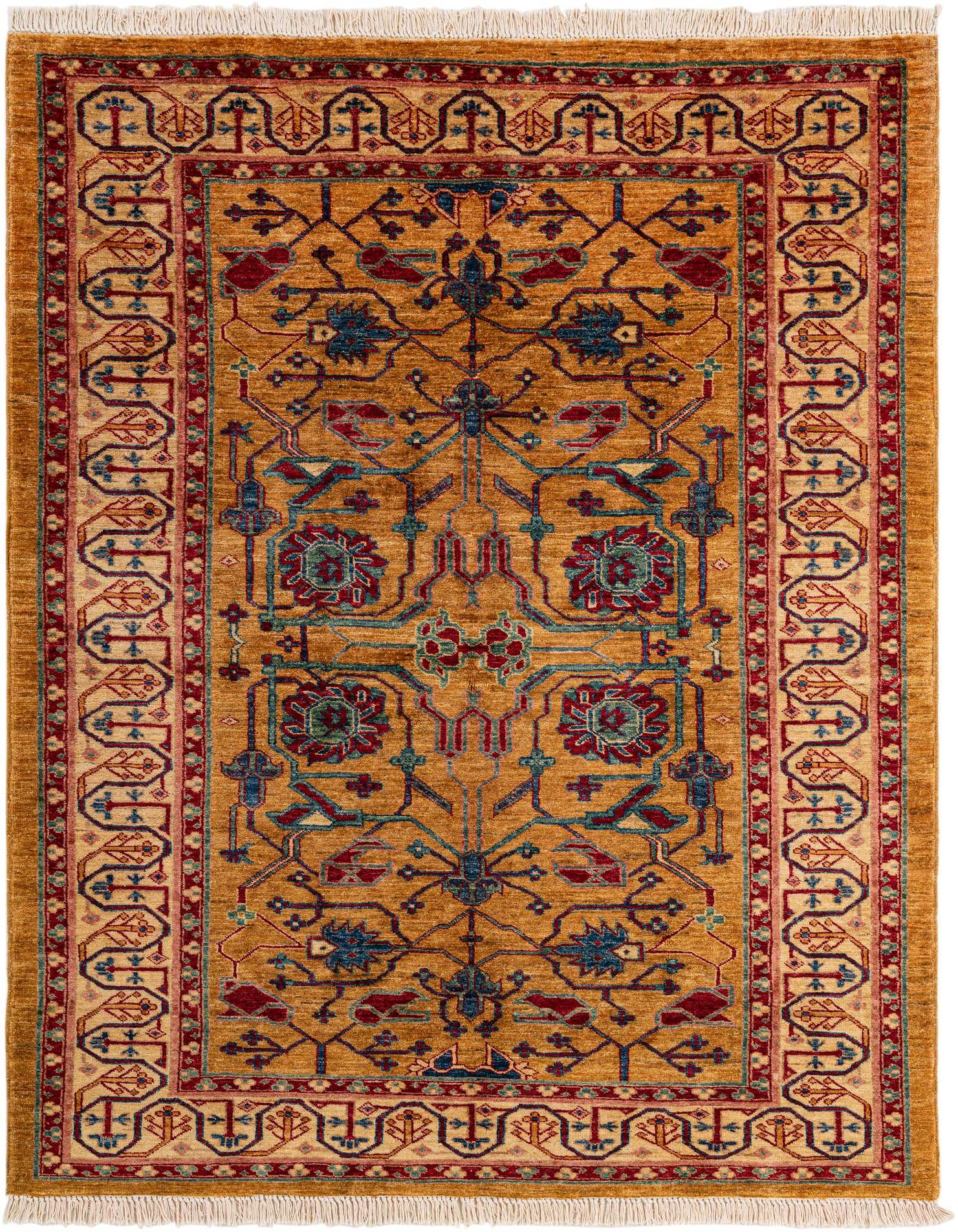 A 5x7 rectangular Ziegler rug in rich gold with intricate traditional Oriental patterns in red, blue, and cream.