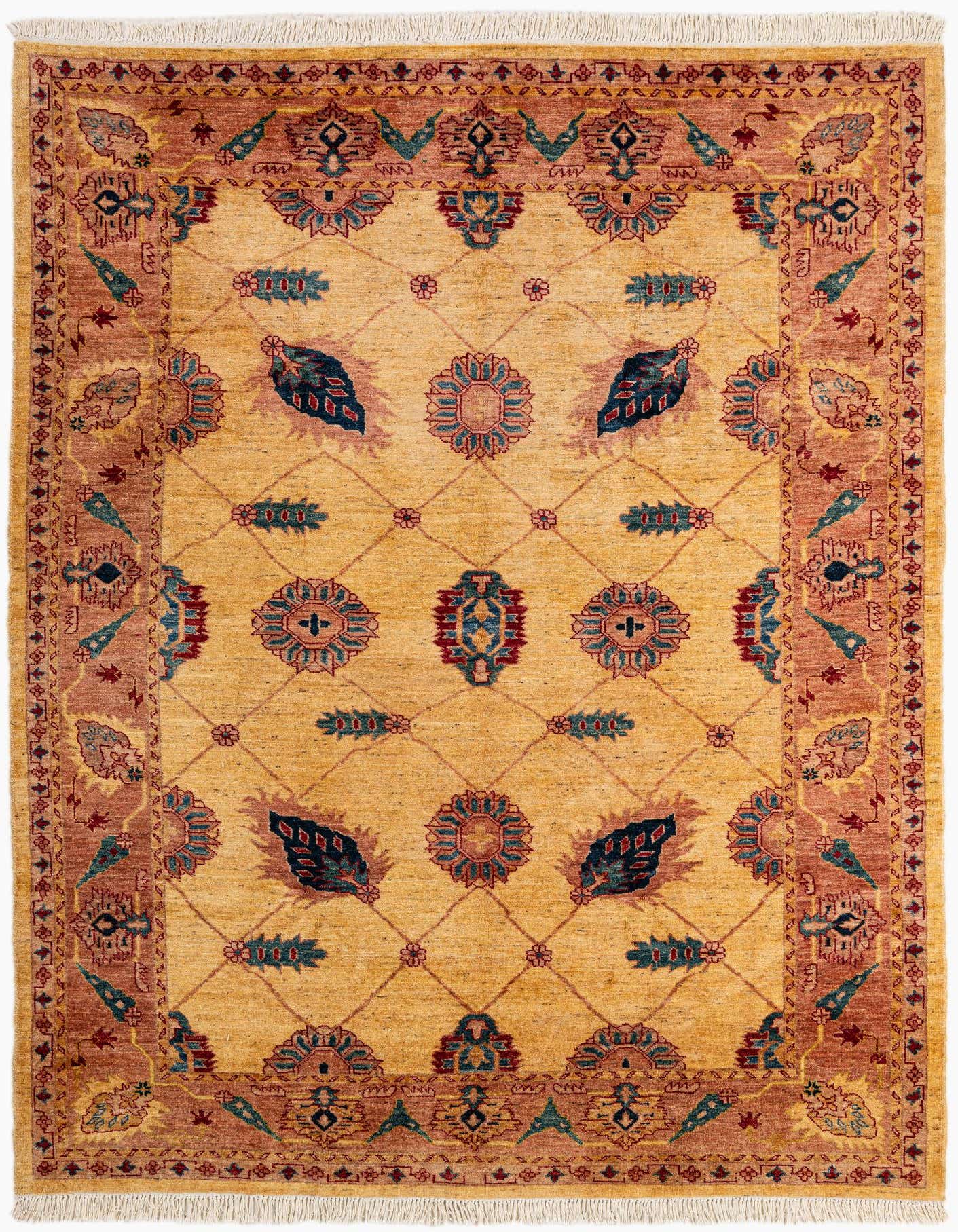 A 5x7 rectangular Ziegler rug with a gold field, featuring traditional floral and leaf motifs in red, blue, and green, framed by a rust-colored border.