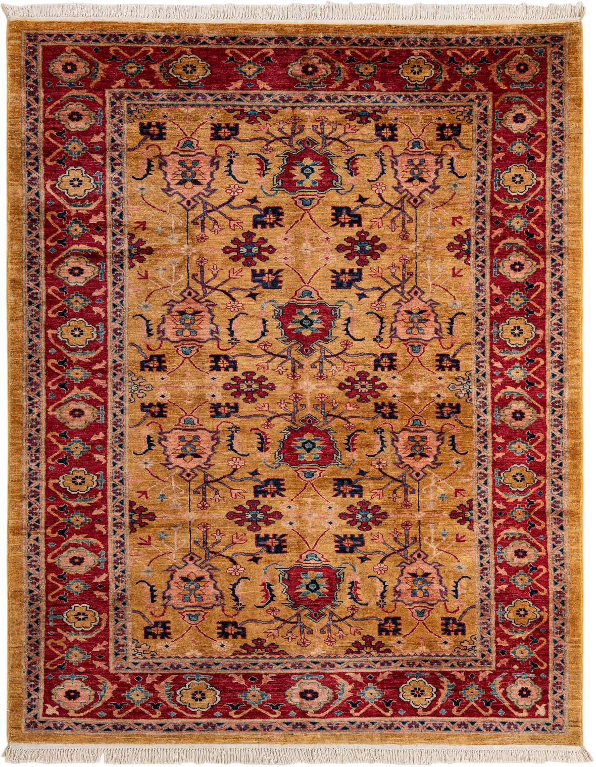 A 5x8 rectangular Ziegler wool rug featuring a traditional Oriental pattern in gold and red with blue and pink accents.