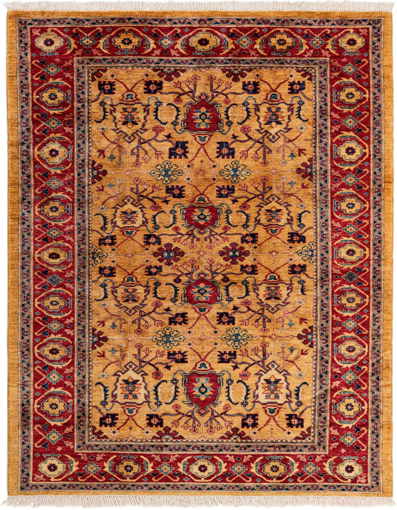 A 5x8 rectangular Ziegler rug featuring a traditional Oriental pattern in yellow and gold with a red border and blue accents.
