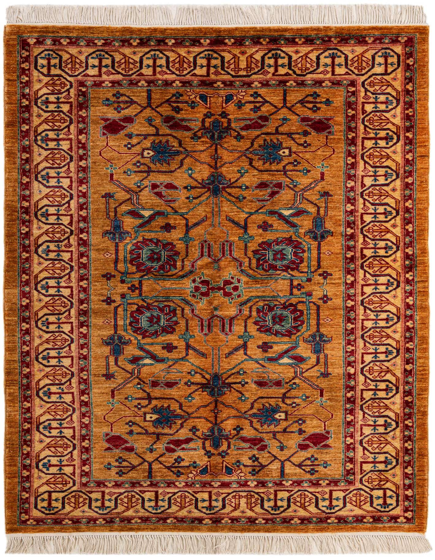 A 5x7 rectangular Ziegler rug in rich gold with a red and blue modern oriental medallion pattern and fringe.