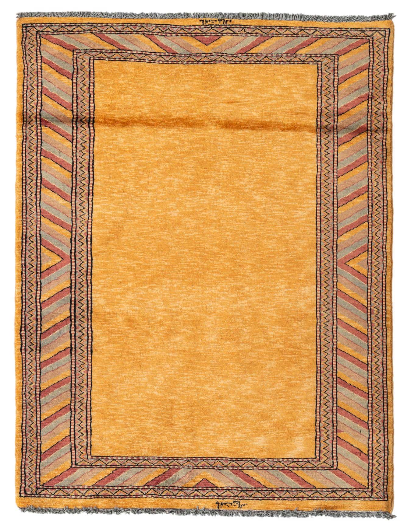 A 3x5 rectangular Ziegler rug in yellow with a multi-color modern geometric border, suitable for an entryway.