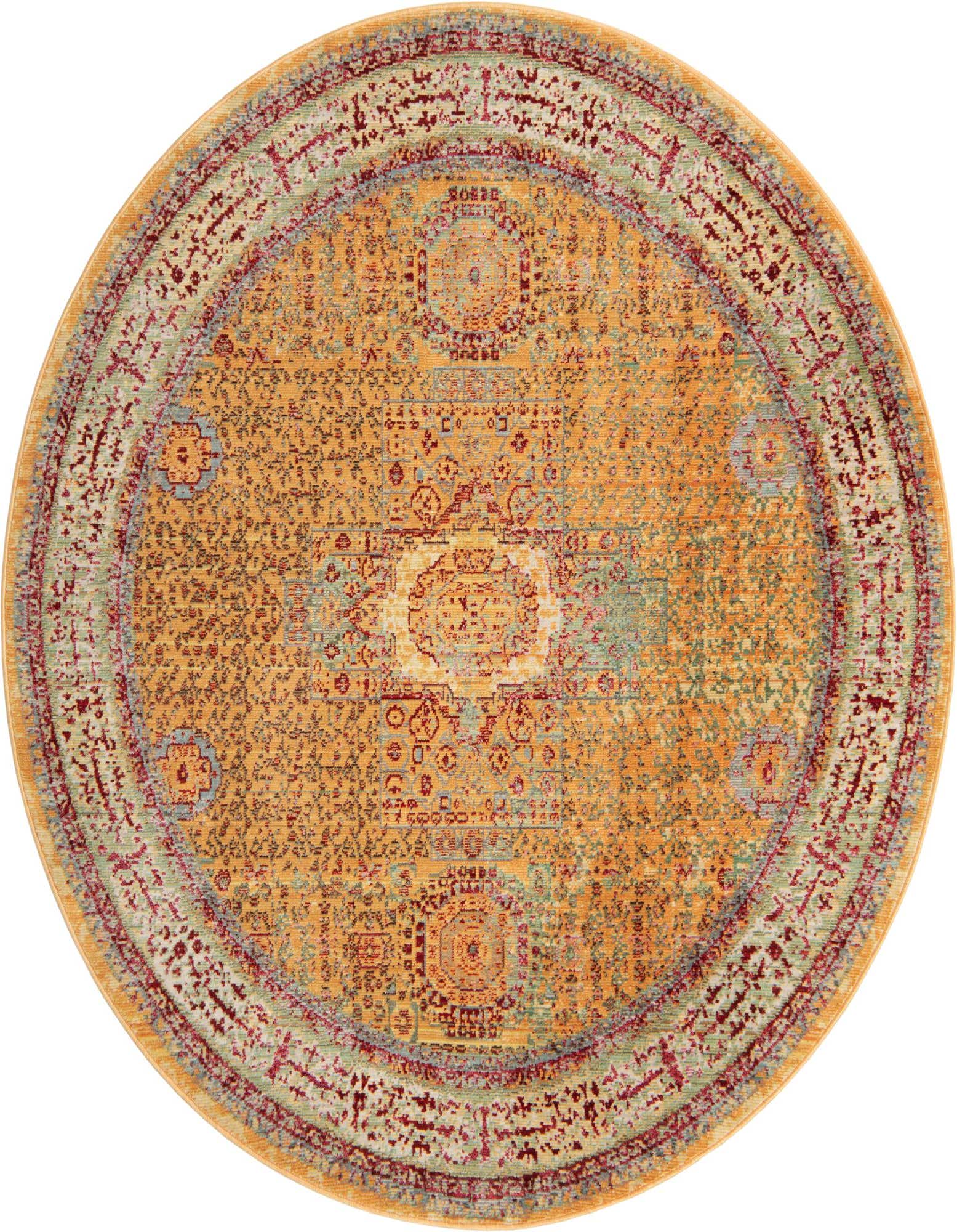 A 6' round yellow and gold Bohemian rug with a distressed medallion pattern and red and teal accents.