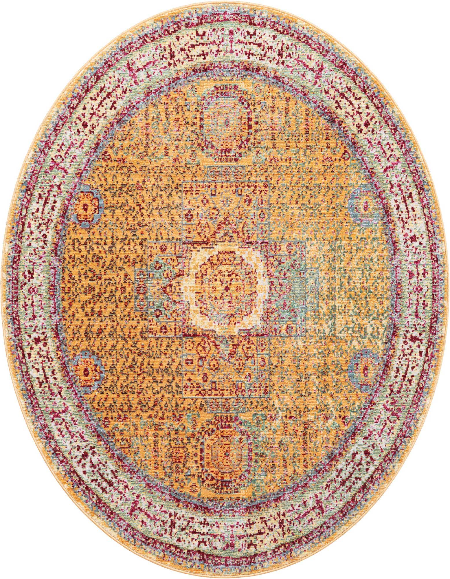 A 5' 3 x 5' 3 round yellow Oriental rug with a distressed medallion pattern and multicolored border.