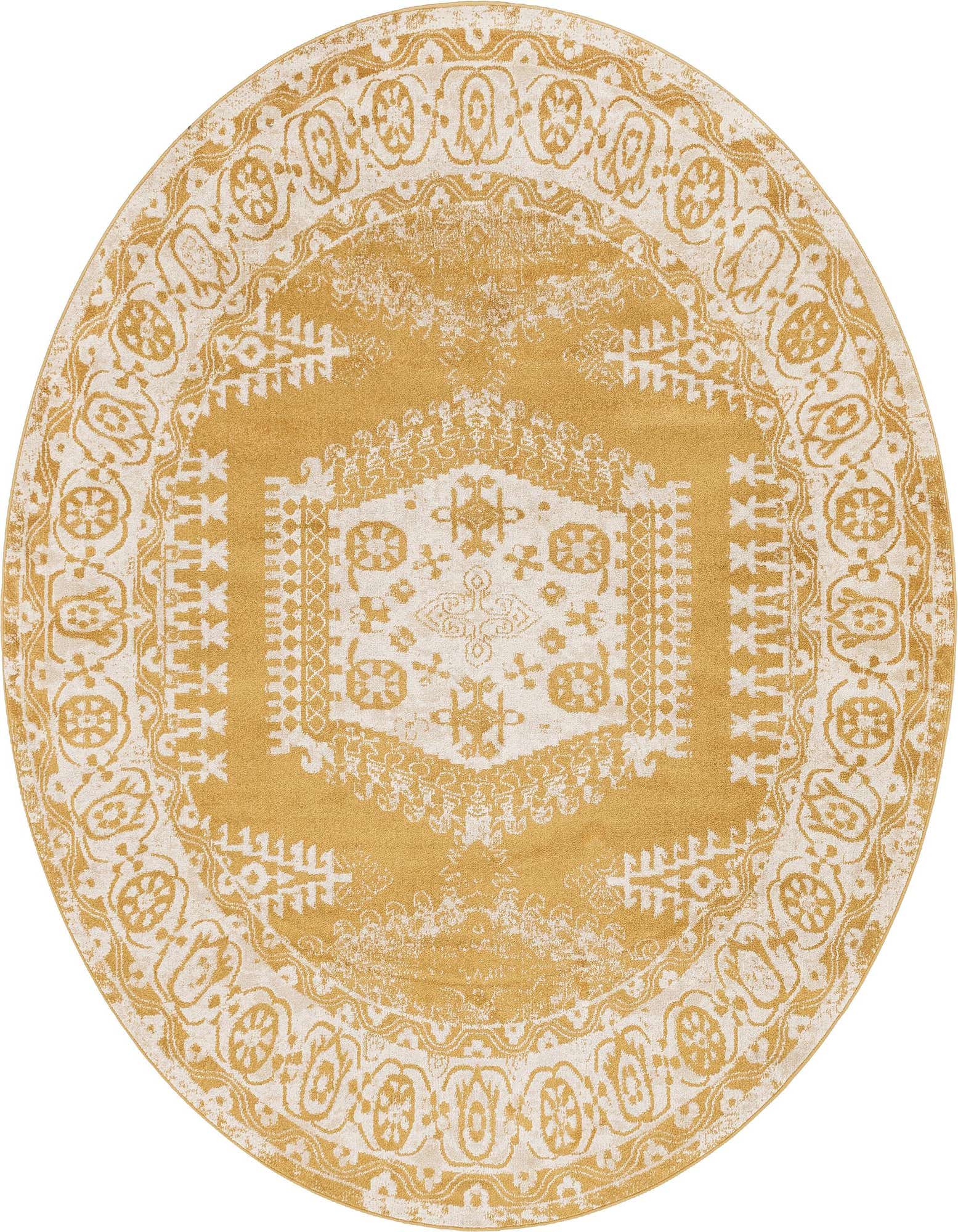 A round 8' yellow and cream bohemian rug with a distressed medallion pattern, ideal for a living room.