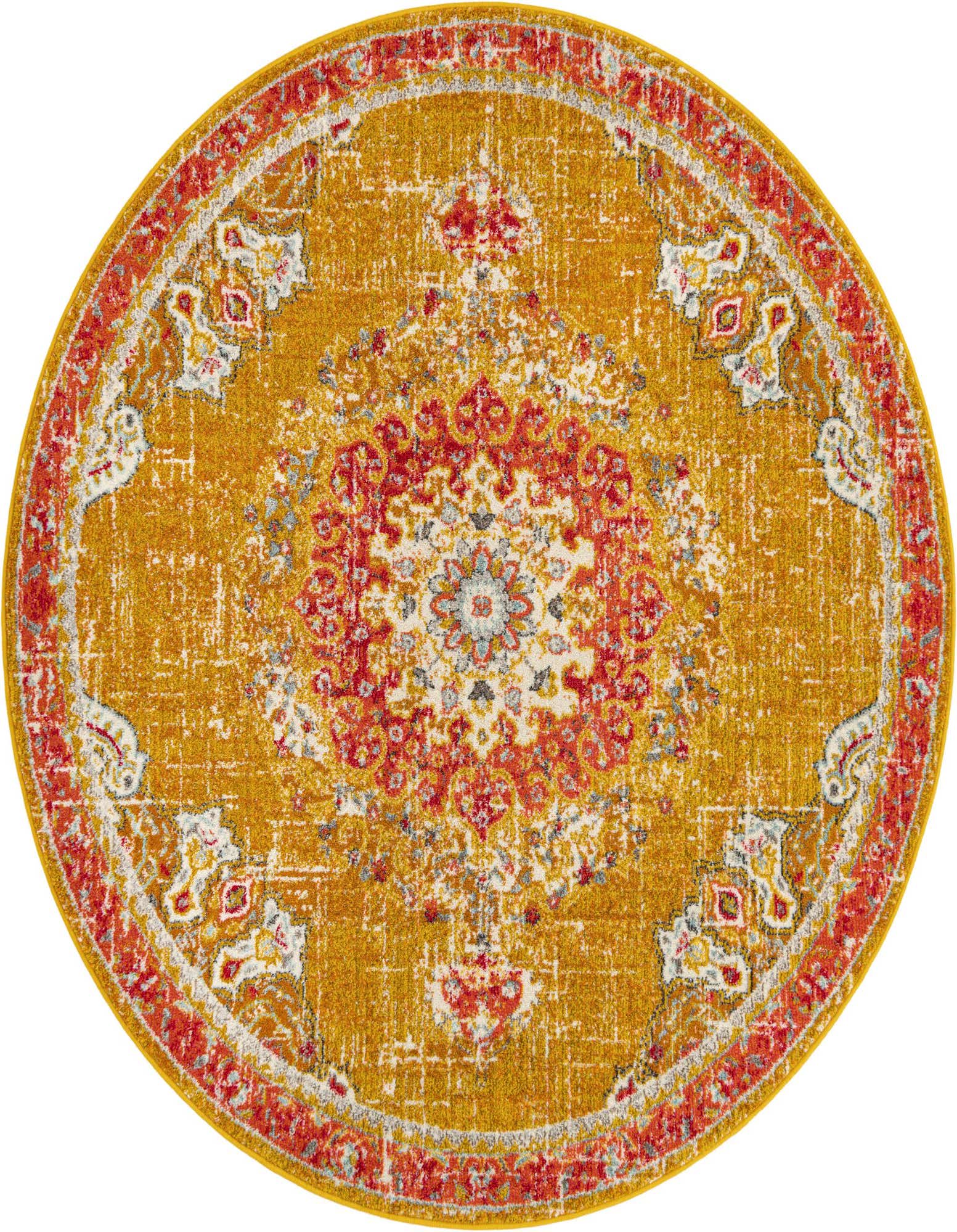 A round 7' yellow and gold medallion rug with red, white, and blue traditional patterns, featuring a vintage distressed look.