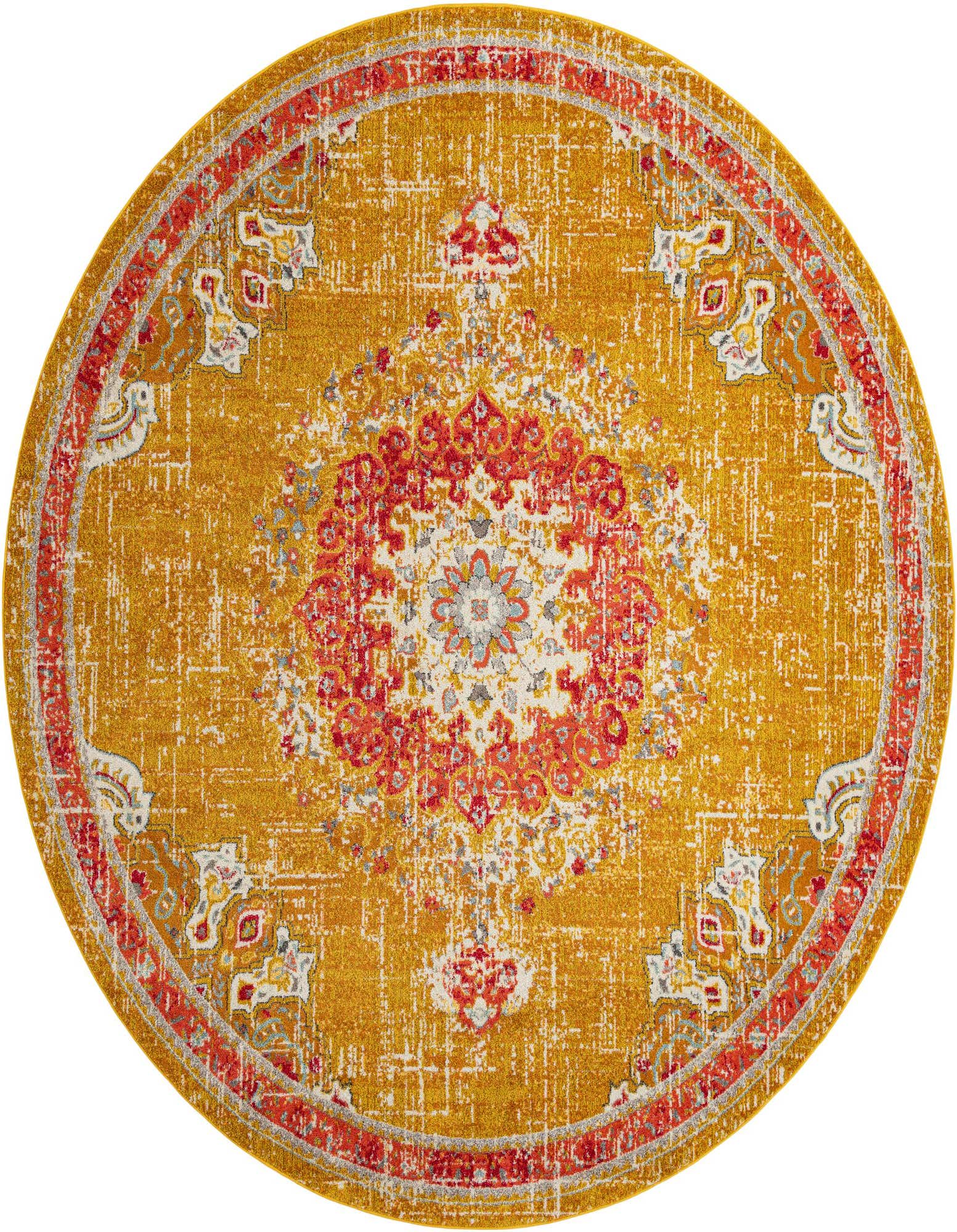 A large round yellow rug with a distressed traditional medallion pattern in red, orange, and gray.