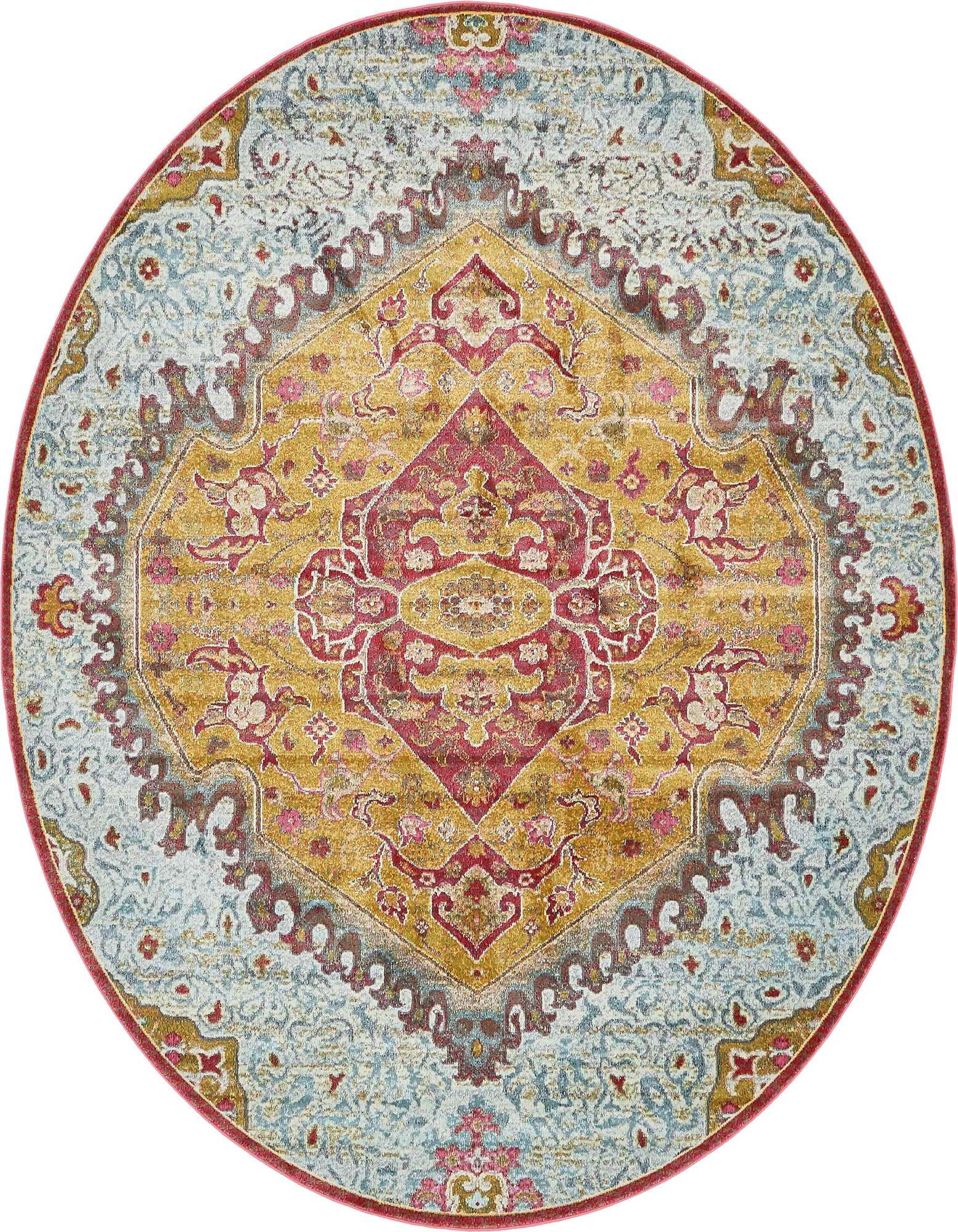 Rugs.com Santiago 8' round rug featuring a distressed medallion pattern in yellow, gold, red, and light blue with a red border.