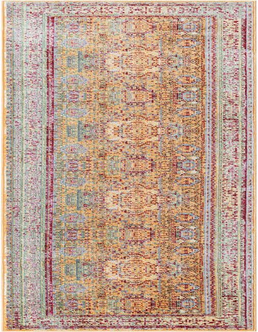 A 6 ft runner rug with a distressed traditional medallion pattern in yellow, gold, red, and light blue, ideal for a hallway.