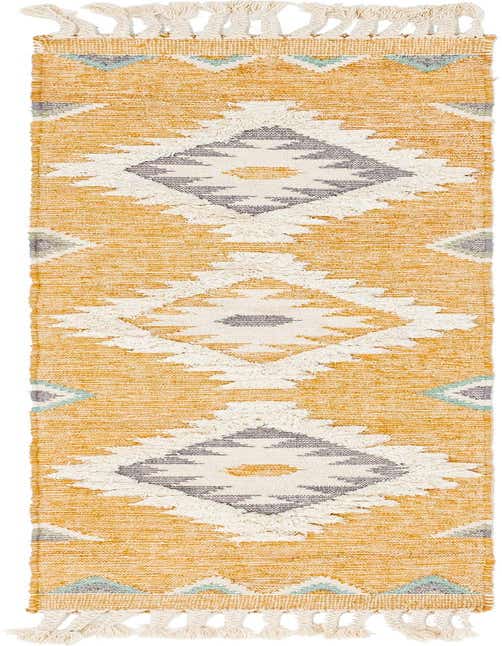 A long yellow runner rug with white, gray, and light blue tribal diamond patterns and braided tassels on a white background.