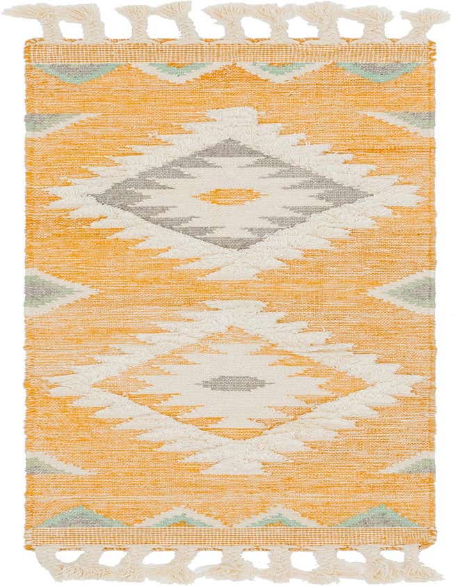 A 6 ft yellow runner rug with a Southwestern tribal pattern in white, grey, and light blue, featuring textured pile and tassels.