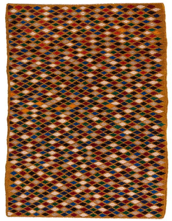 A 10 ft Balouch runner rug in yellows/golds with a traditional tribal diamond pattern in various colors, perfect for a hallway.