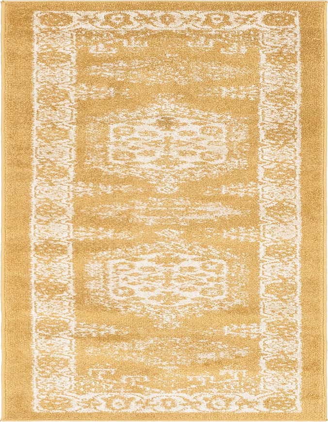 A 6 ft runner rug with a distressed Bohemian medallion pattern in yellow and cream, ideal for a hallway or kitchen.