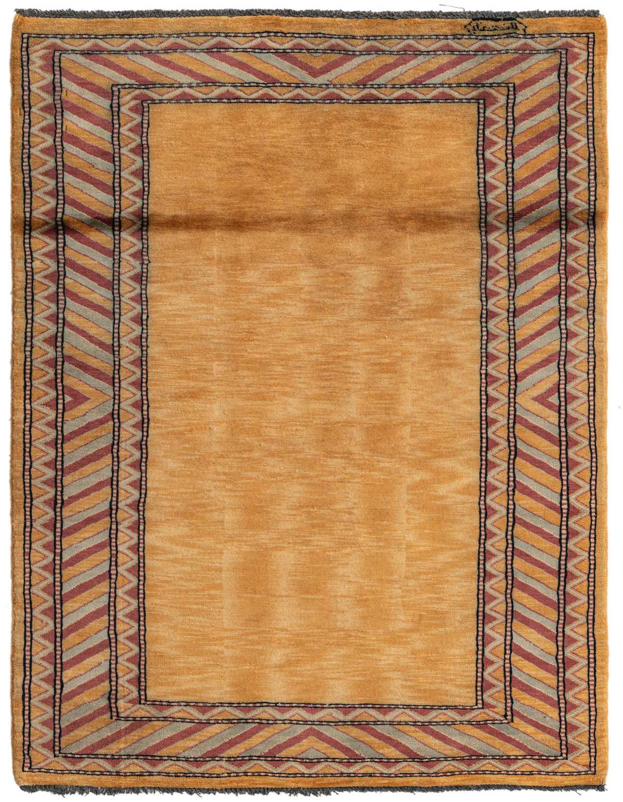 A 5 Ft Kashkuli Gabbeh runner rug in yellows/golds with a modern, oriental, and abstract pattern, ideal for hallways.