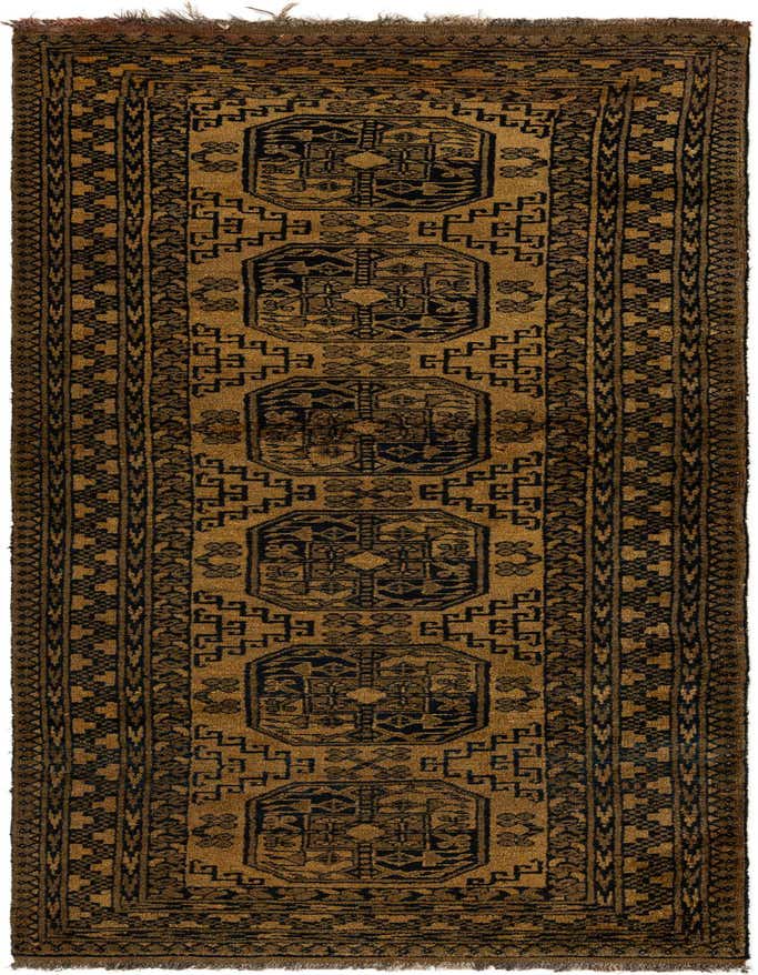A 9 ft runner rug in traditional Oriental style, featuring a gold background with intricate dark brown geometric patterns and a thin pile.