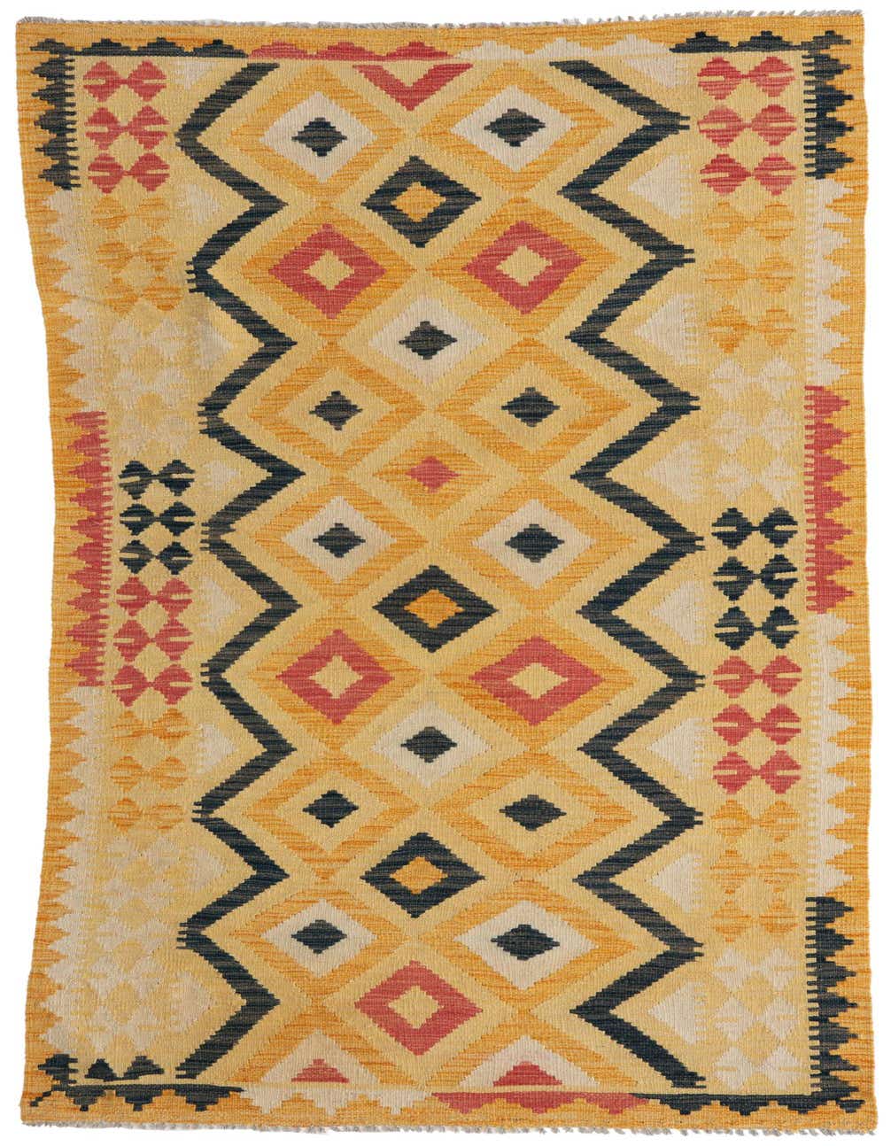 A 7 ft runner rug in yellow and gold with a Southwestern tribal pattern, featuring geometric diamonds and zigzags.