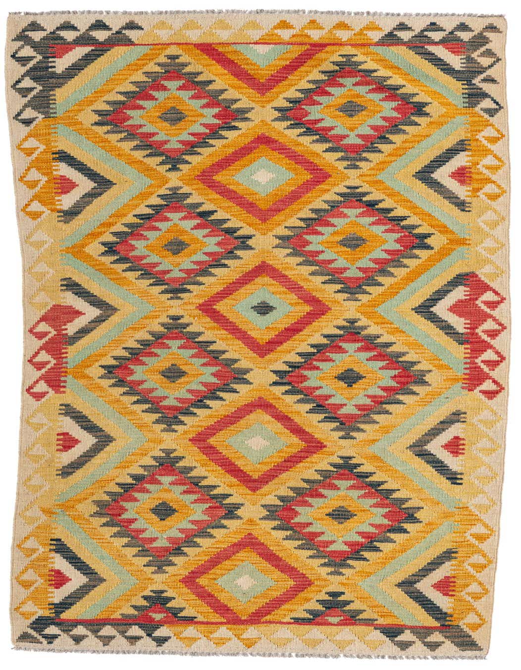 A vibrant 6 Ft Runner rug with a Southwestern tribal pattern in yellow, gold, red, and teal, perfect for a hallway.