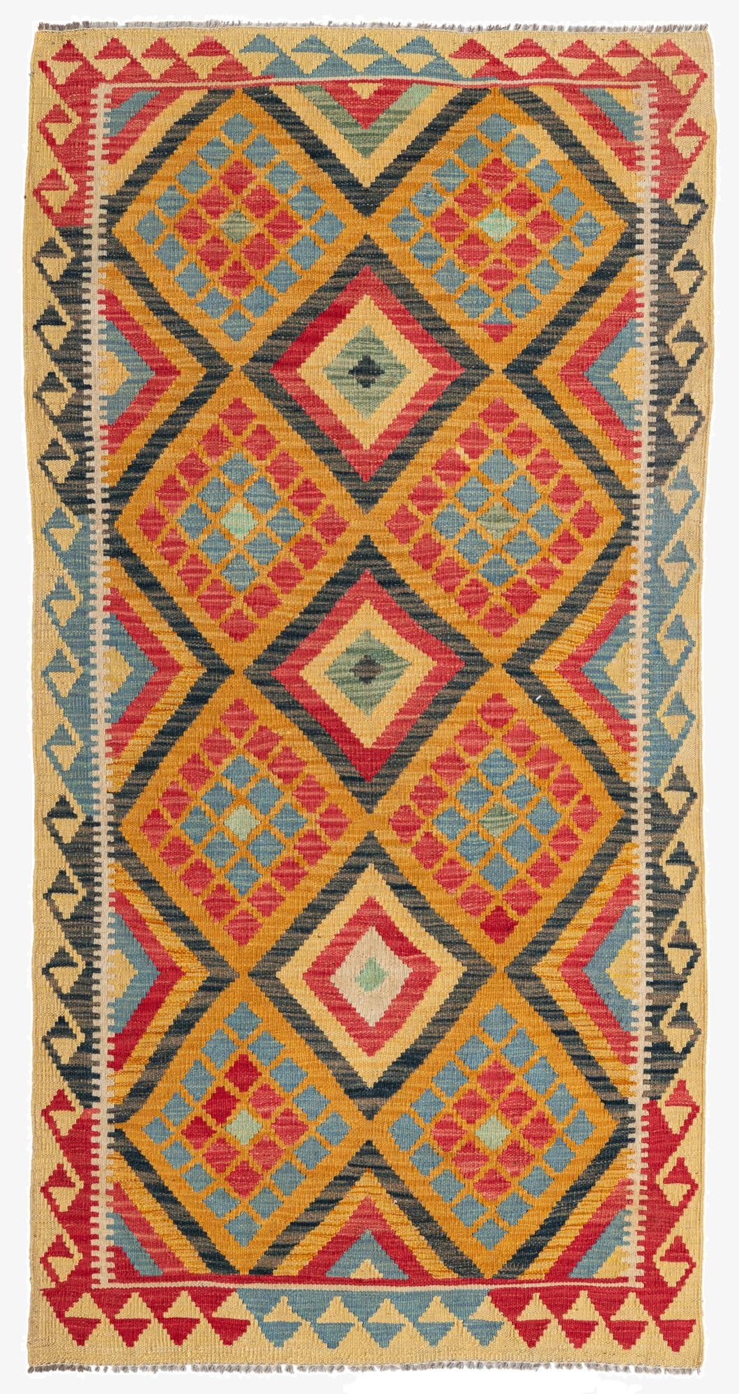  3' 4 x 6' 8  Hand Woven Kilim Maymana Wool Runner Rug