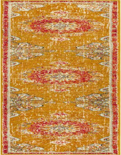 A 13 ft runner rug in yellow and gold with a distressed traditional medallion pattern in red and cream, perfect for a hallway.
