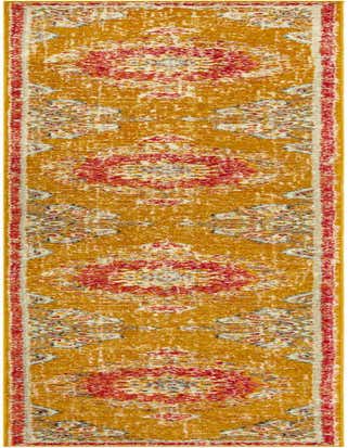 A 16 ft runner rug from the Madeline collection, featuring a distressed yellow and gold background with red, cream, and blue traditional medallion patterns, ideal for a hallway.