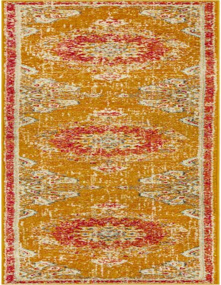 A 7 ft runner rug in yellow and gold with a distressed traditional medallion pattern and red accents, ideal for a hallway.