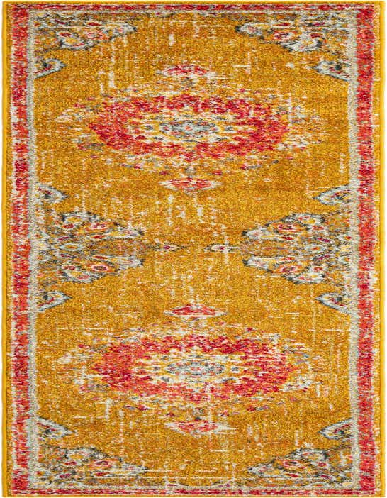 A long yellow runner rug with a distressed traditional pattern in red, white, and gray, suitable for a hallway.