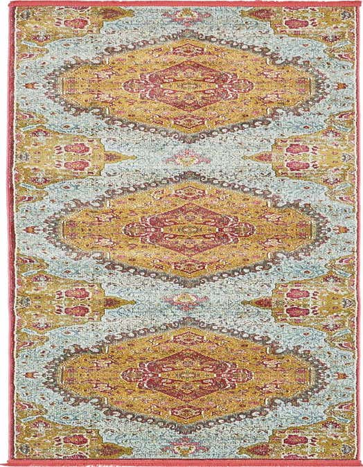 A 10 ft runner rug featuring a distressed medallion pattern in yellow, gold, light blue, and red, with a red border.
