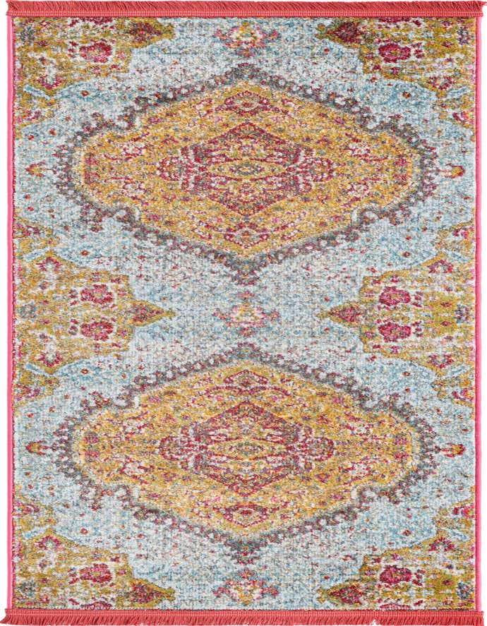 A 6 ft runner rug with a distressed traditional medallion pattern in shades of yellow, gold, light blue, and deep pink, featuring pink fringe.