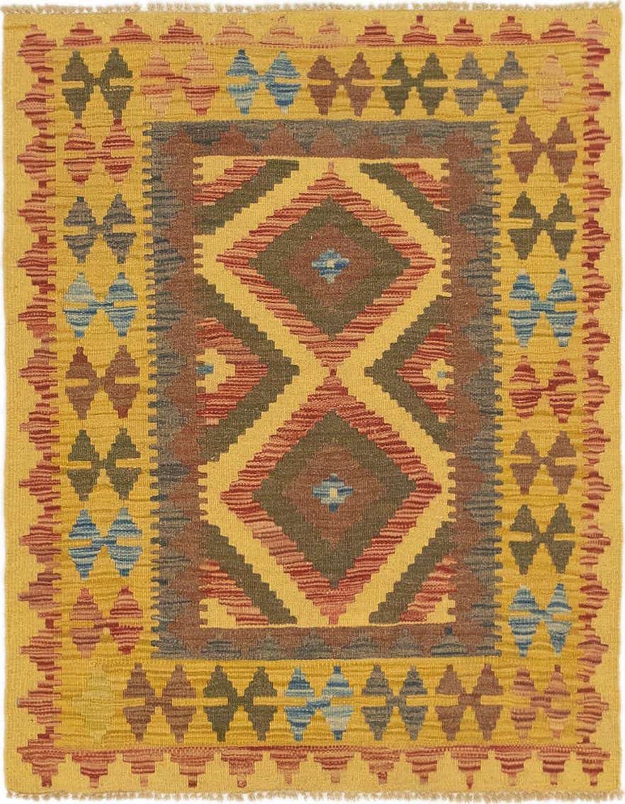 A square 3' 2 x 3' 5 Kilim Maymana wool rug featuring a Southwestern tribal medallion pattern in yellows, golds, reds, and blues.