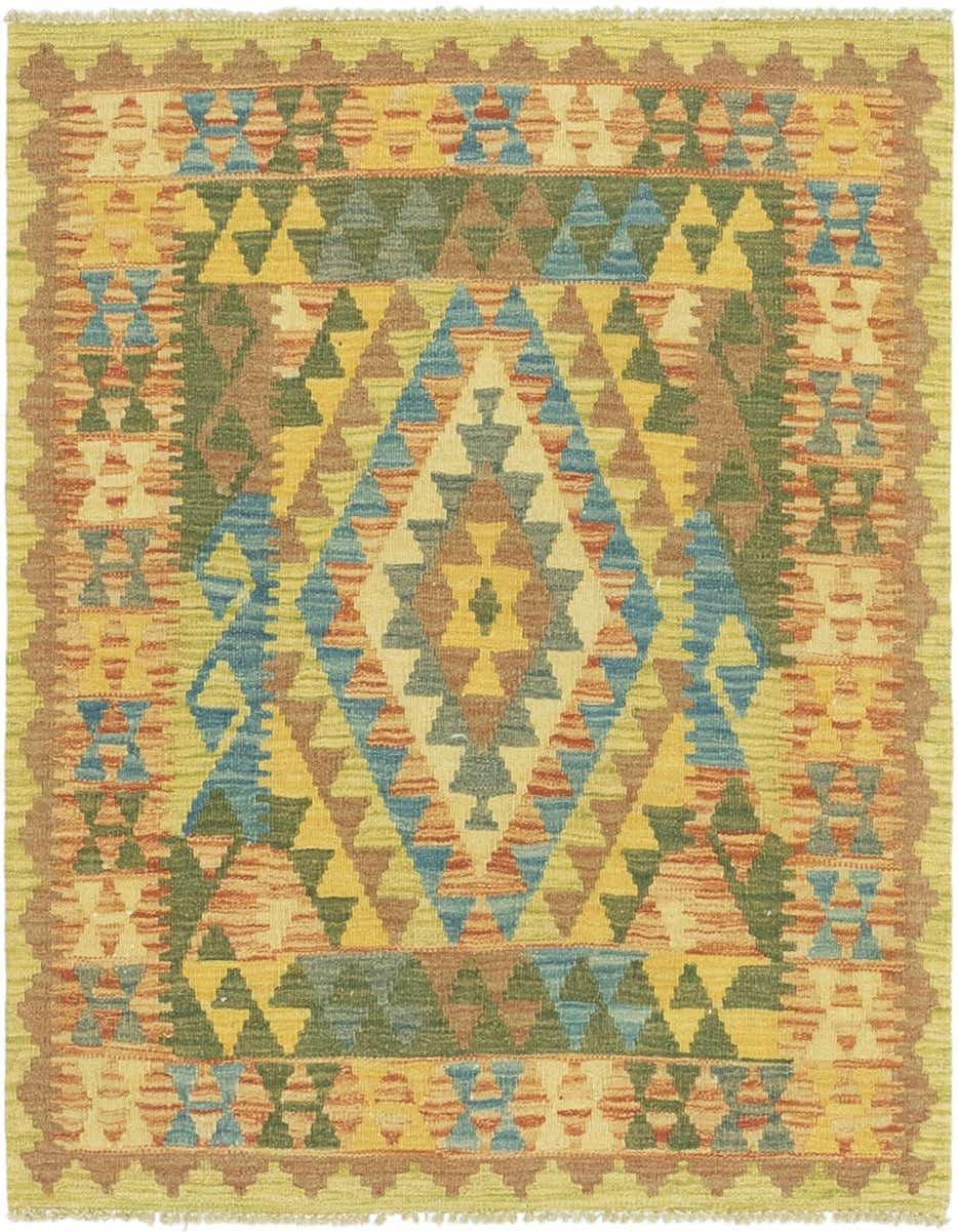 A square 3' 3 x 3' 5 Kilim Maymana rug with a vibrant tribal medallion pattern in yellows, golds, blues, greens, and browns.