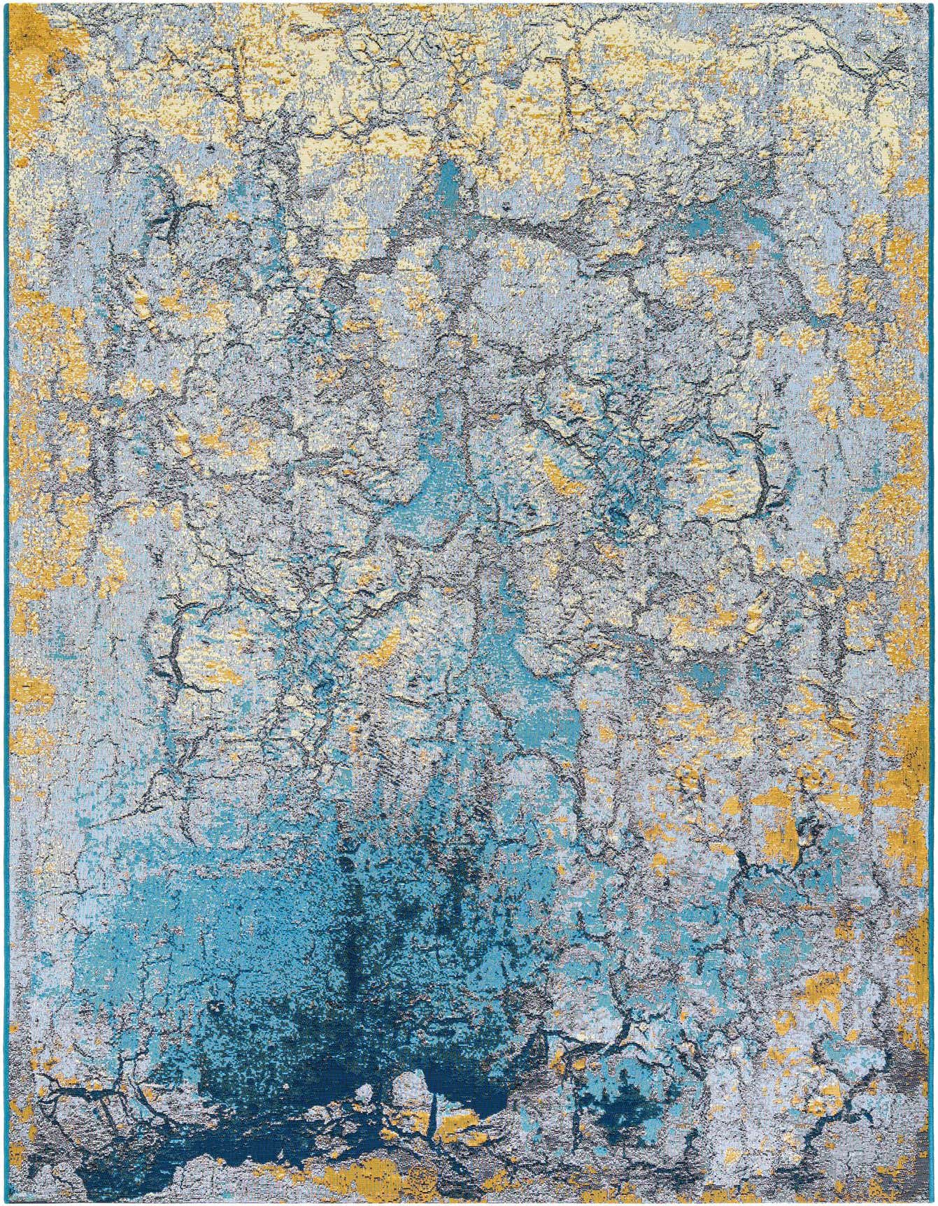 A 6x9 rectangular Rugs.com Outdoor Modern rug featuring an abstract gradient blue, yellow, and gray pattern with a textured, flatweave pile.