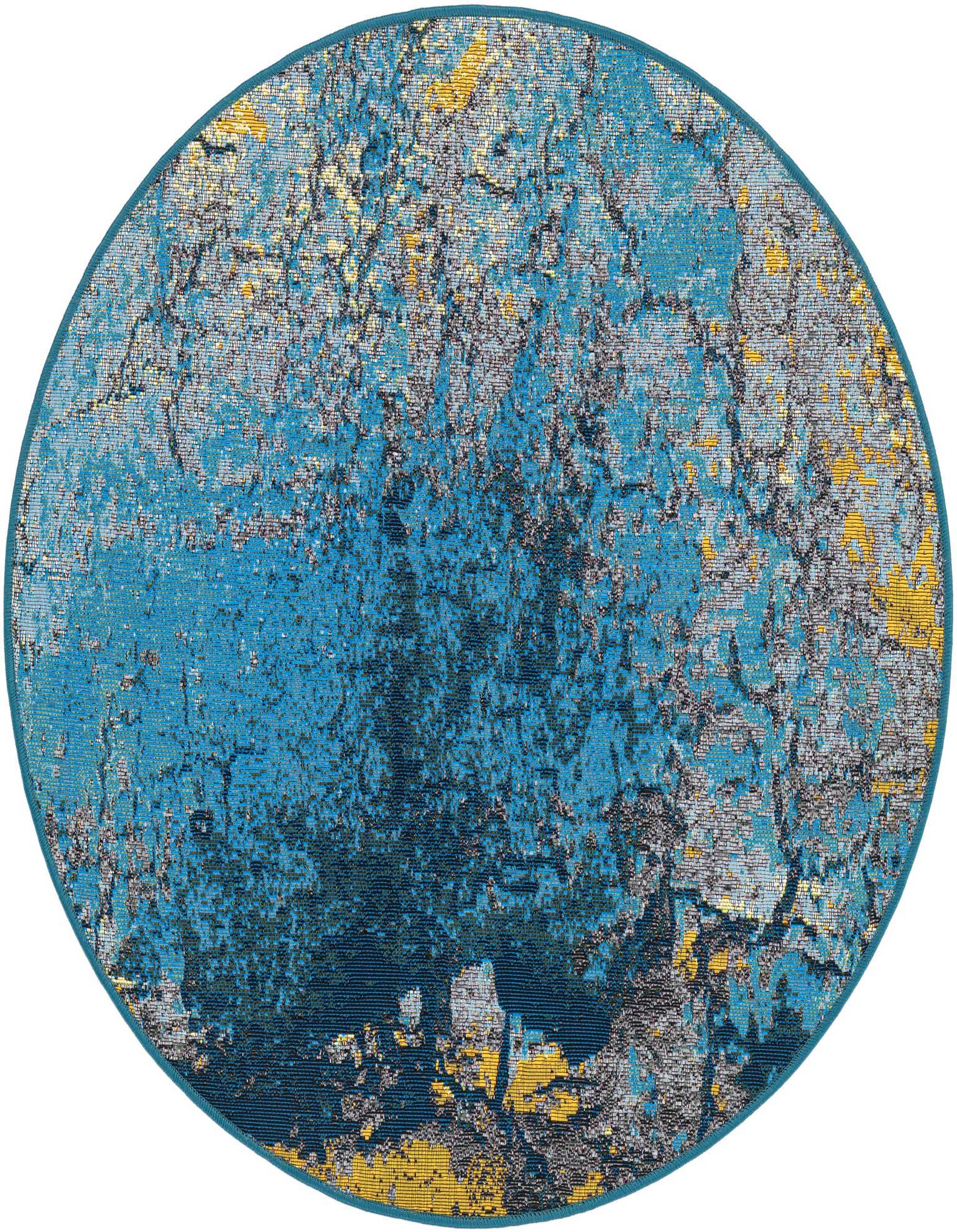 A 3' round indoor/outdoor rug featuring an abstract gradient blue, gray, and yellow pattern with a textured flatweave.