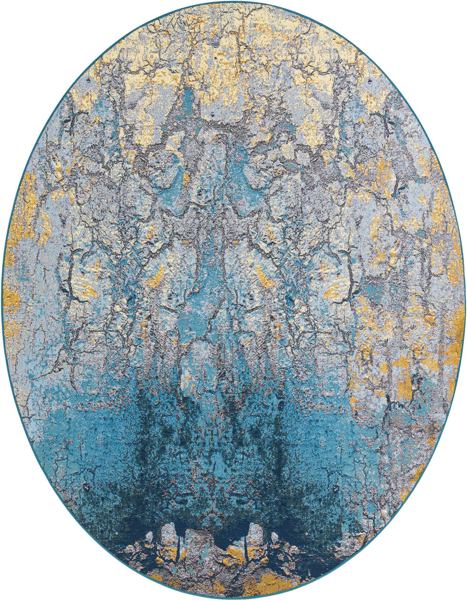 A round 7'10" x 7'10" gradient blue and gold abstract rug with a textured, modern design, suitable for indoor/outdoor use.