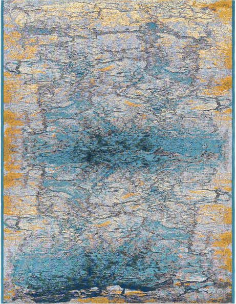 A 12 ft runner rug featuring an abstract, modern gradient blue and gold pattern, ideal for a hallway or patio.