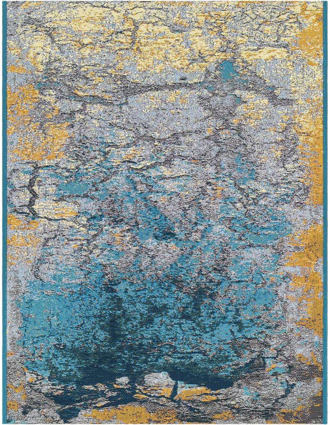 A 6 ft runner rug with an abstract, modern pattern in gradient blue, gold, and grey, suitable for hallways or outdoor spaces.