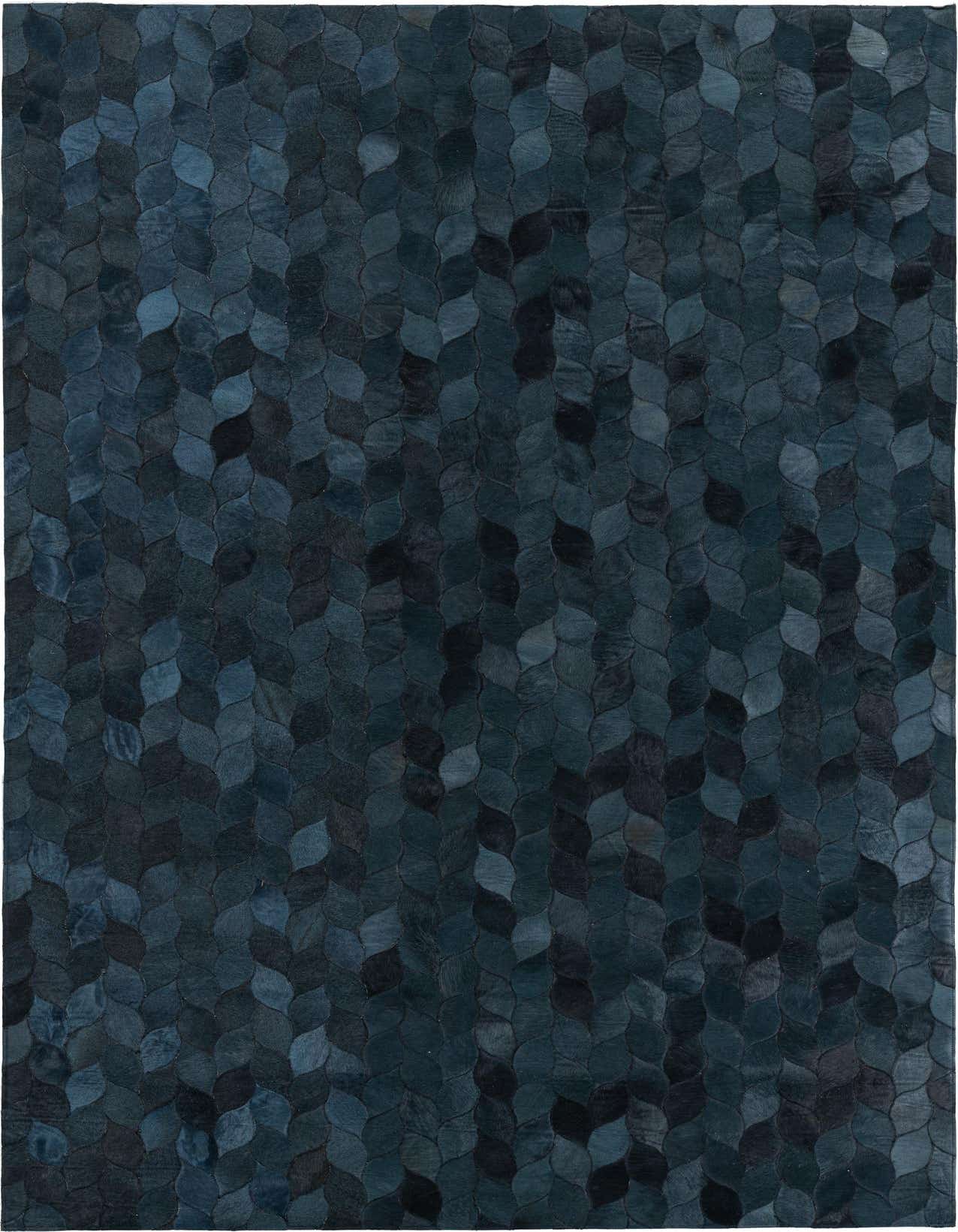 A 5x8 rectangular Cowhide Leather rug featuring a modern, abstract pattern of overlapping leaf-like shapes in varying shades of gray.
